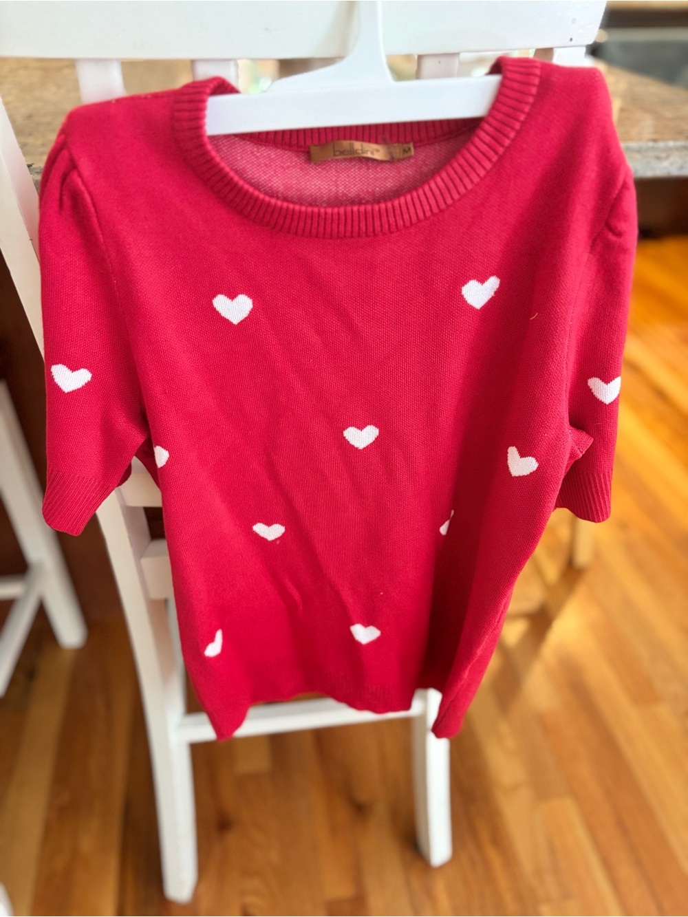 Belldini Red Short-Sleeve Crewneck Sweater with White Hearts